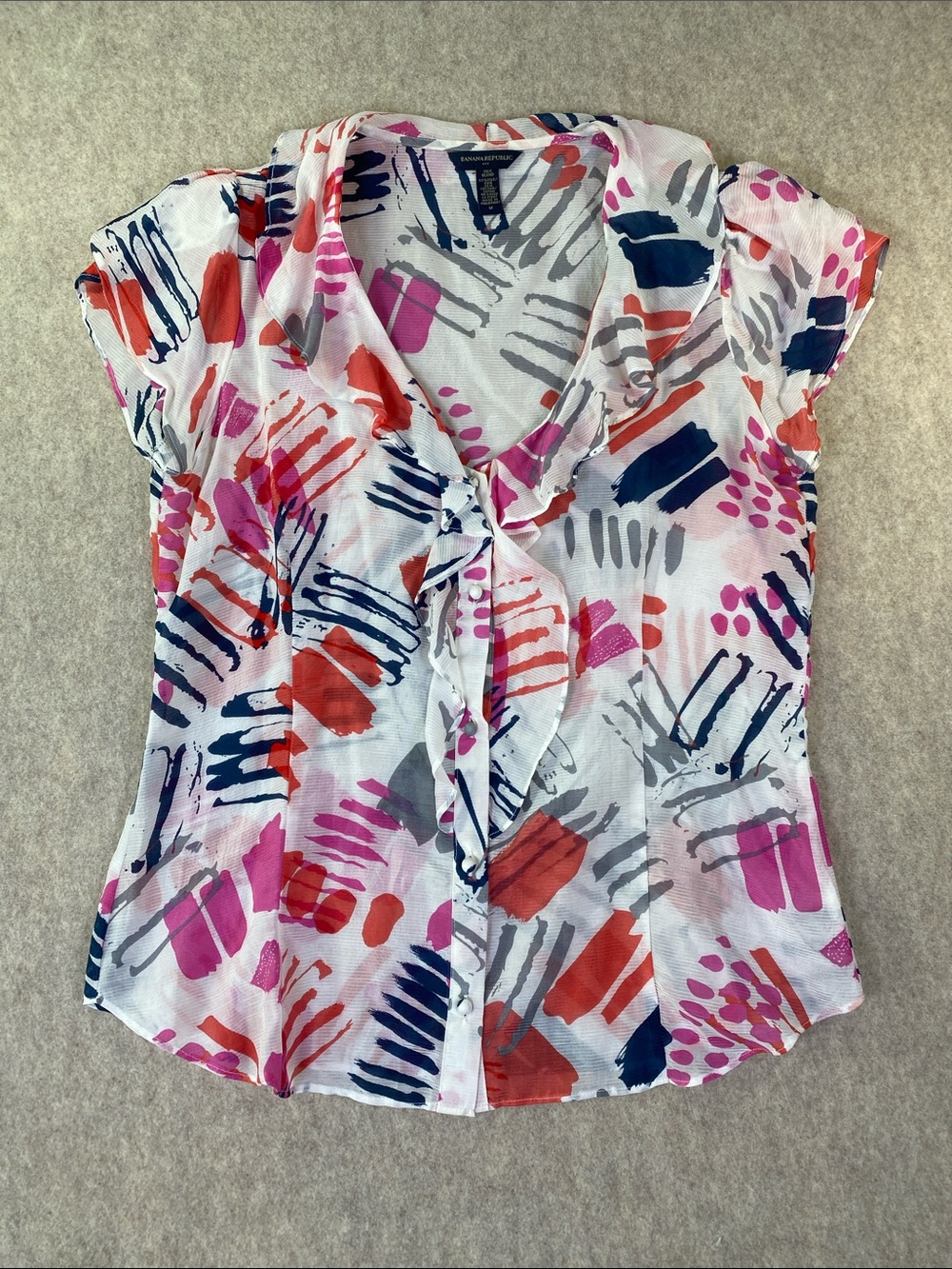 Banana Republic Silk Blend Short Sleeve Button Up Blouse with Ruffle Size Medium